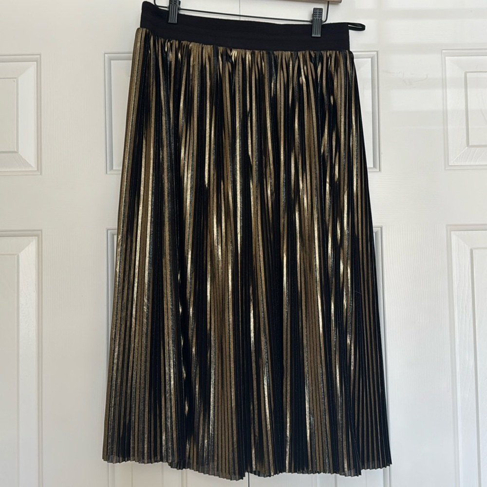 Black and Metallic Gold Midi Skirt - Pull On - Elastic Waist - L